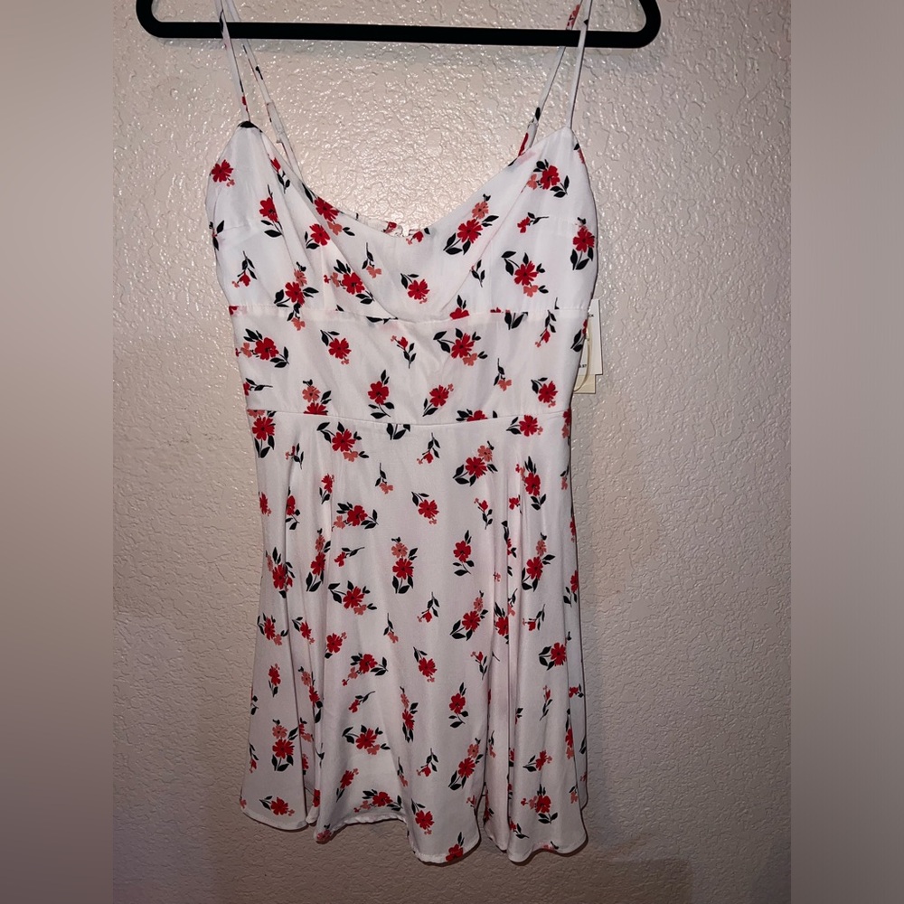 NWT White Floral Mini Dress with Red Flower Print